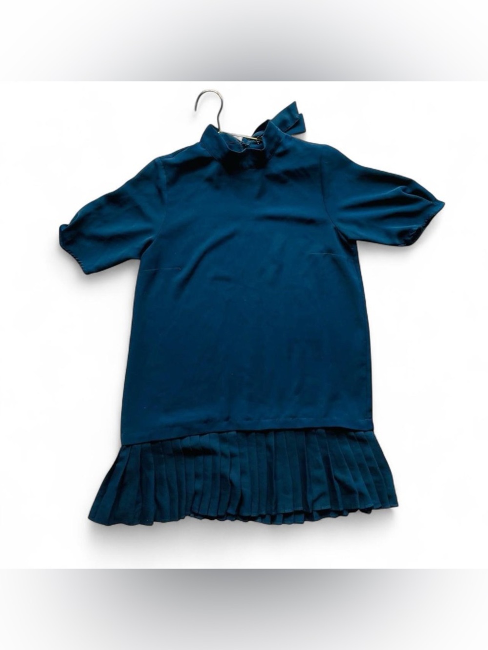 ZARA Navy Blue Pleated Hem Shift Dress – Bow Neck Mini Dress (S)